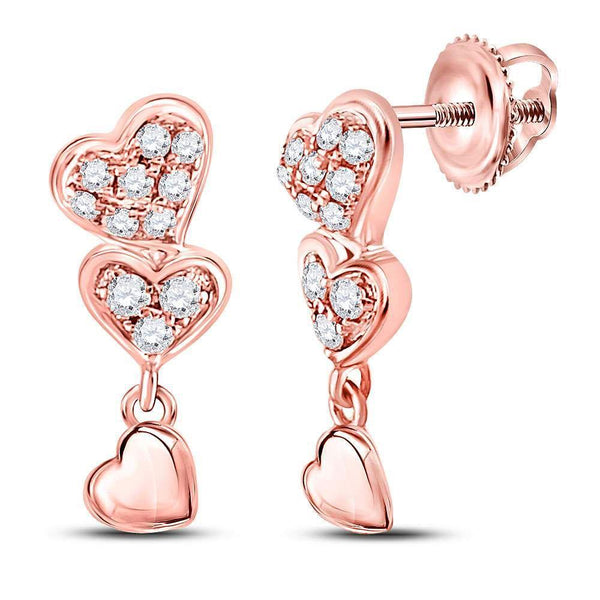 14K Rose Gold Round Diamond Triple Heart Dangle Earrings 1/6 Cttw - Gold Americas