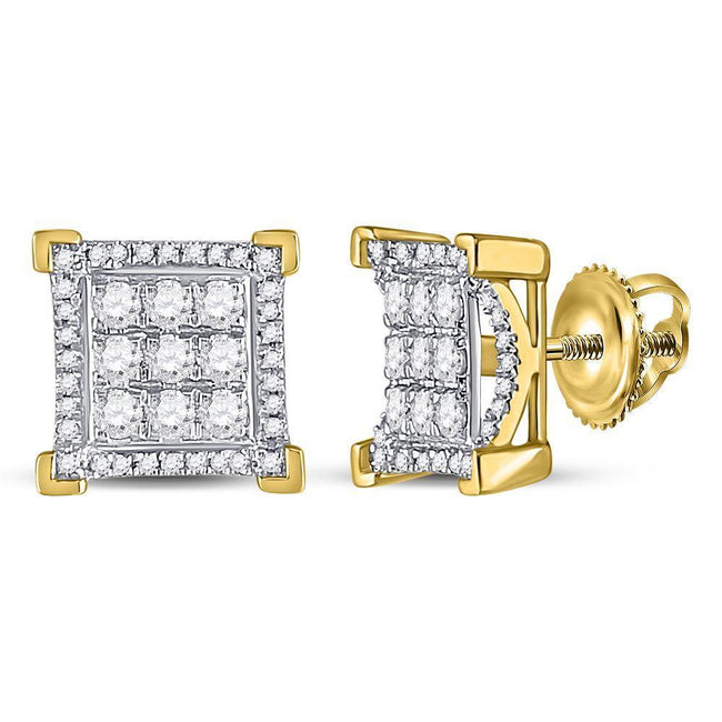 10K Yellow Gold Mens Round Diamond Square Cluster Stud Earrings 3/4 Cttw