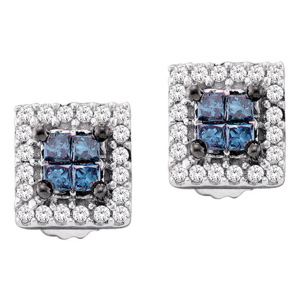 14K White Gold Princess Blue Color Enhanced Diamond Cluster Earrings 1/3 Cttw - Gold Americas