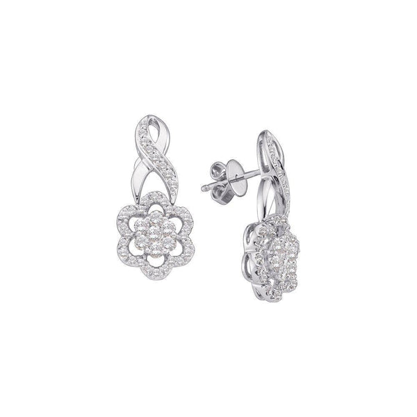 14K White Gold Round Diamond Flower Cluster Screwback Earrings 1.00 Cttw - Gold Americas