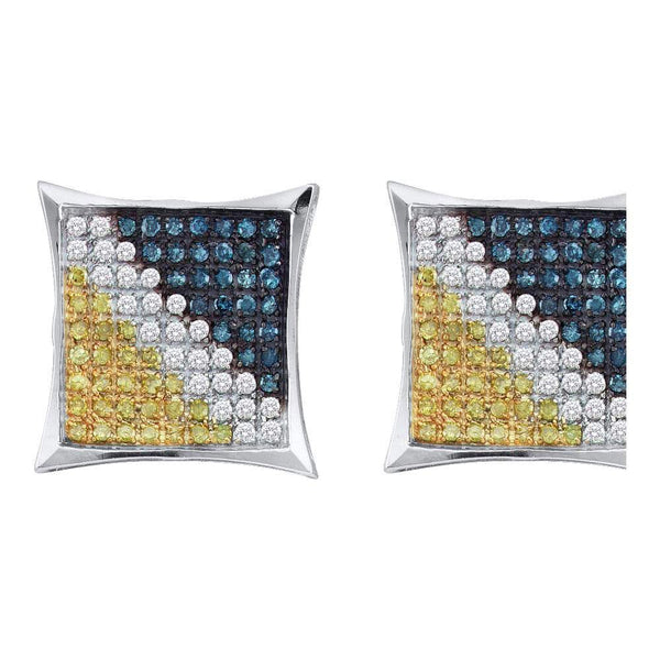 10K White Gold Mens Yellow Blue Color Enhanced Diamond Square Cluster Earrings 1/3 Cttw - Gold Americas