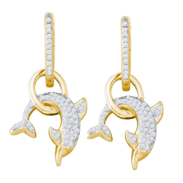 10K Yellow Gold Round Diamond Dolphin Dangle Earrings 1/3 Cttw - Gold Americas