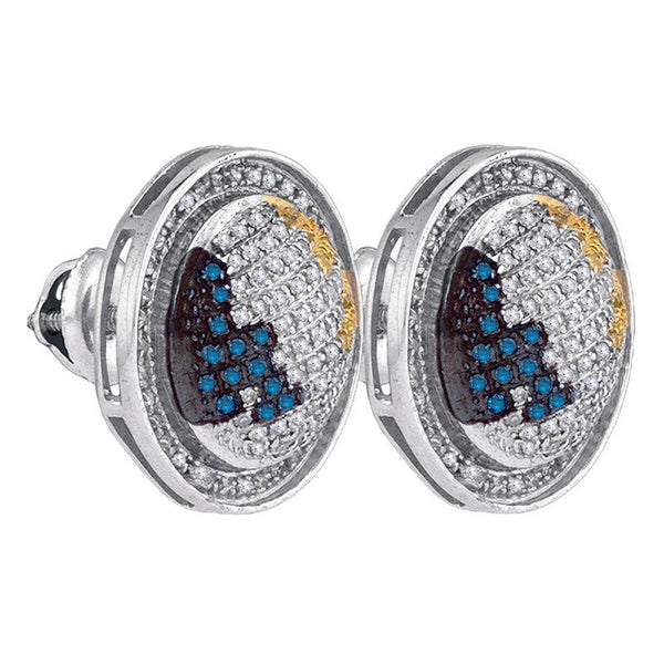 Sterling Silver Mens Round Blue Yellow Color Enhanced Diamond Circle Stud Earrings 3/4 Cttw - Gold Americas