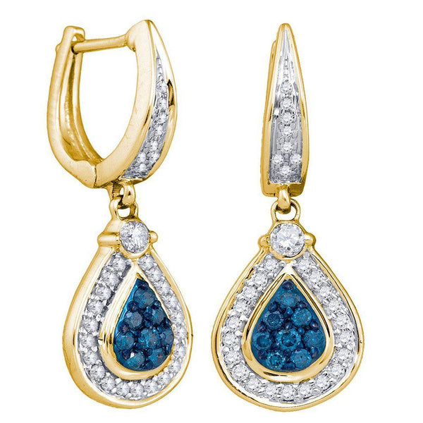 10K Yellow Gold Round Blue Color Enhanced Diamond Teardrop Dangle Earrings 1/2 Cttw - Gold Americas