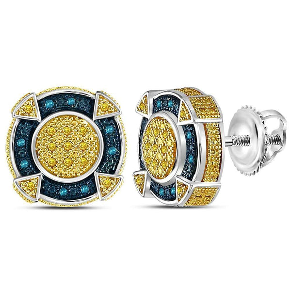 Sterling Silver Mens Round Yellow Blue Color Enhanced Diamond Circle  Cluster Earrings 1/8 Cttw - Gold Americas