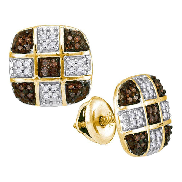 10K Yellow Gold Round Cognac-brown Color Enhanced Diamond Checkered Square Earrings 1/4 Cttw