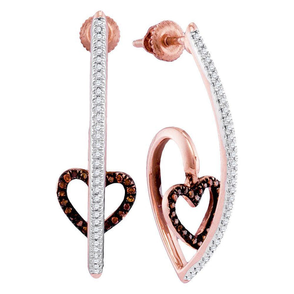 10K Rose Gold Round Red Color Enhanced Diamond Heart Dangle Earrings 1/4 Cttw - Gold Americas