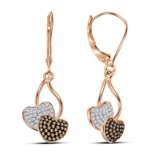 10K Rose Gold Round Red Color Enhanced Diamond Heart Dangle Earrings 1/3 Cttw - Gold Americas