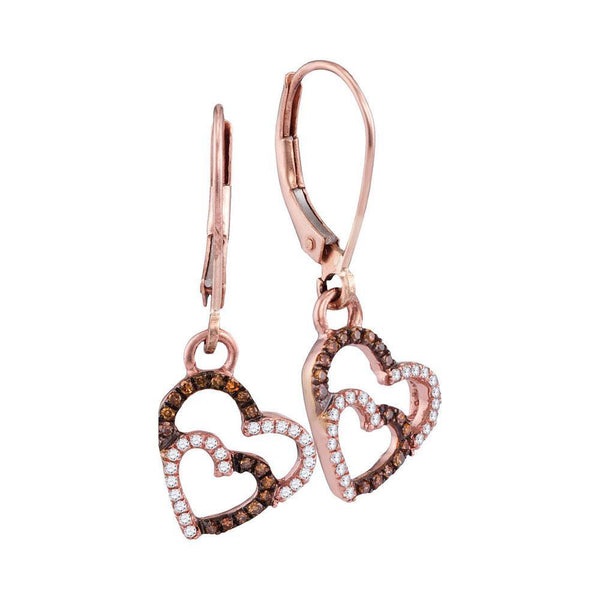 10K Rose Gold Round Cognac-brown Color Enhanced Double Heart Diamond Dangle Earrings 1/5 Cttw - Gold Americas