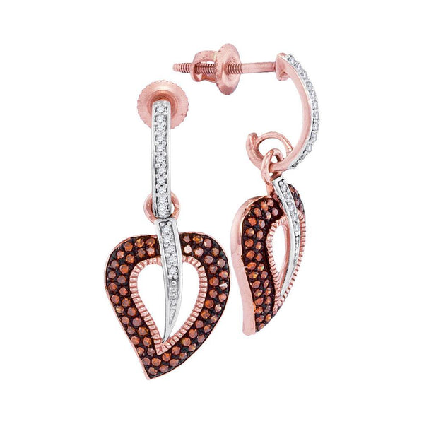 10K Rose Gold Round Red Color Enhanced Diamond Heart Dangle Screwback Earrings 3/8 Cttw - Gold Americas