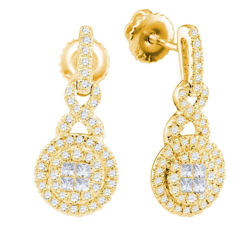 14K Yellow Gold Princess Round Diamond Soleil Cluster Dangle Earrings 1 ...